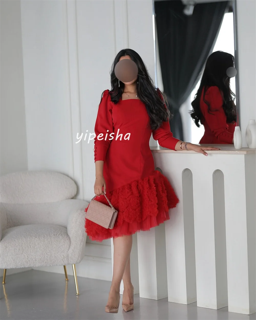 Customized Fashion Casual Jersey Tiered Button Pleat A-line Square Neck Knee Length Dresses Evening Dresses Sizes Available Matc