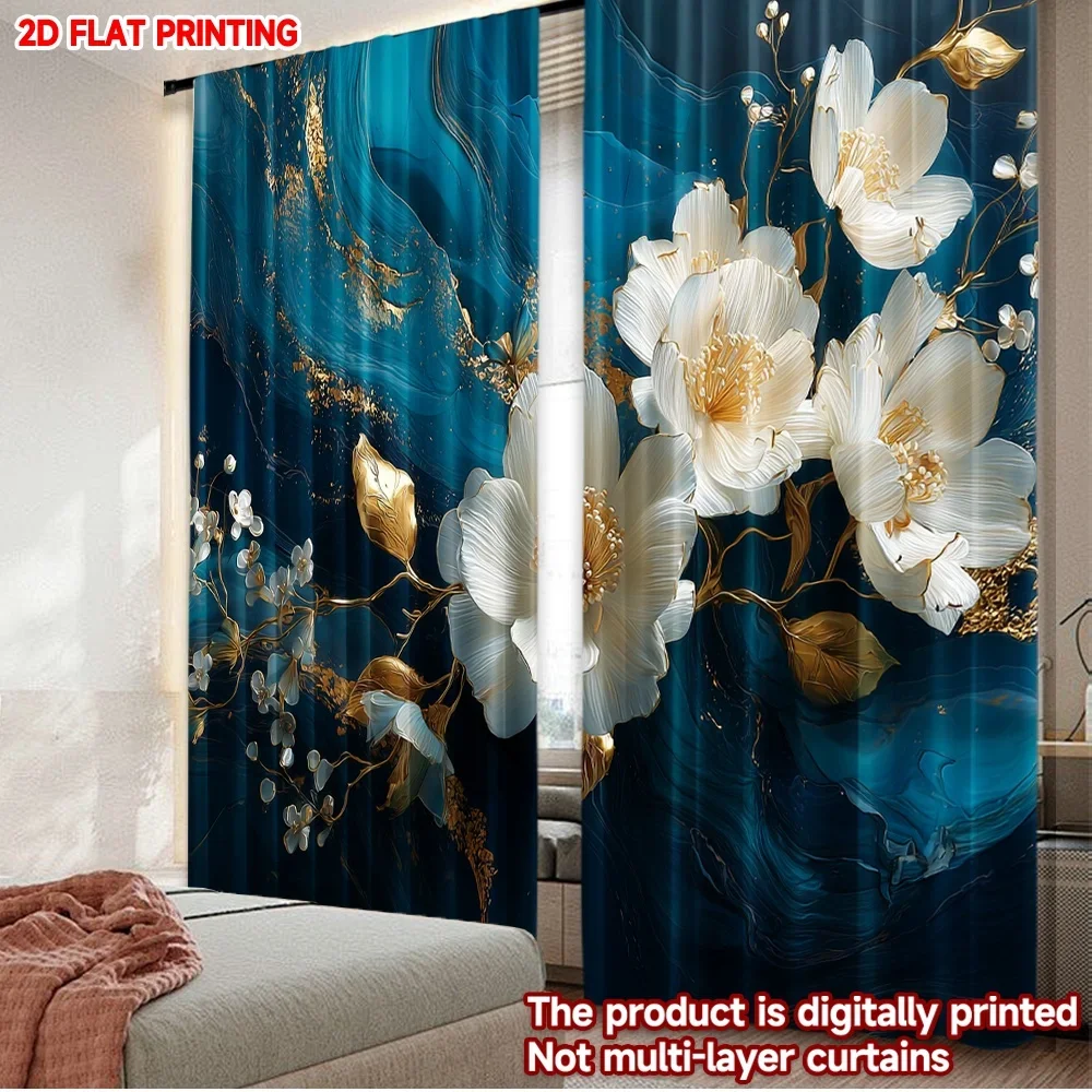 2pcs Blue Floral Curtains  Digital Printing, White Blossoms with Golden Centers on Navy Background for Elegant Bedroom Decor