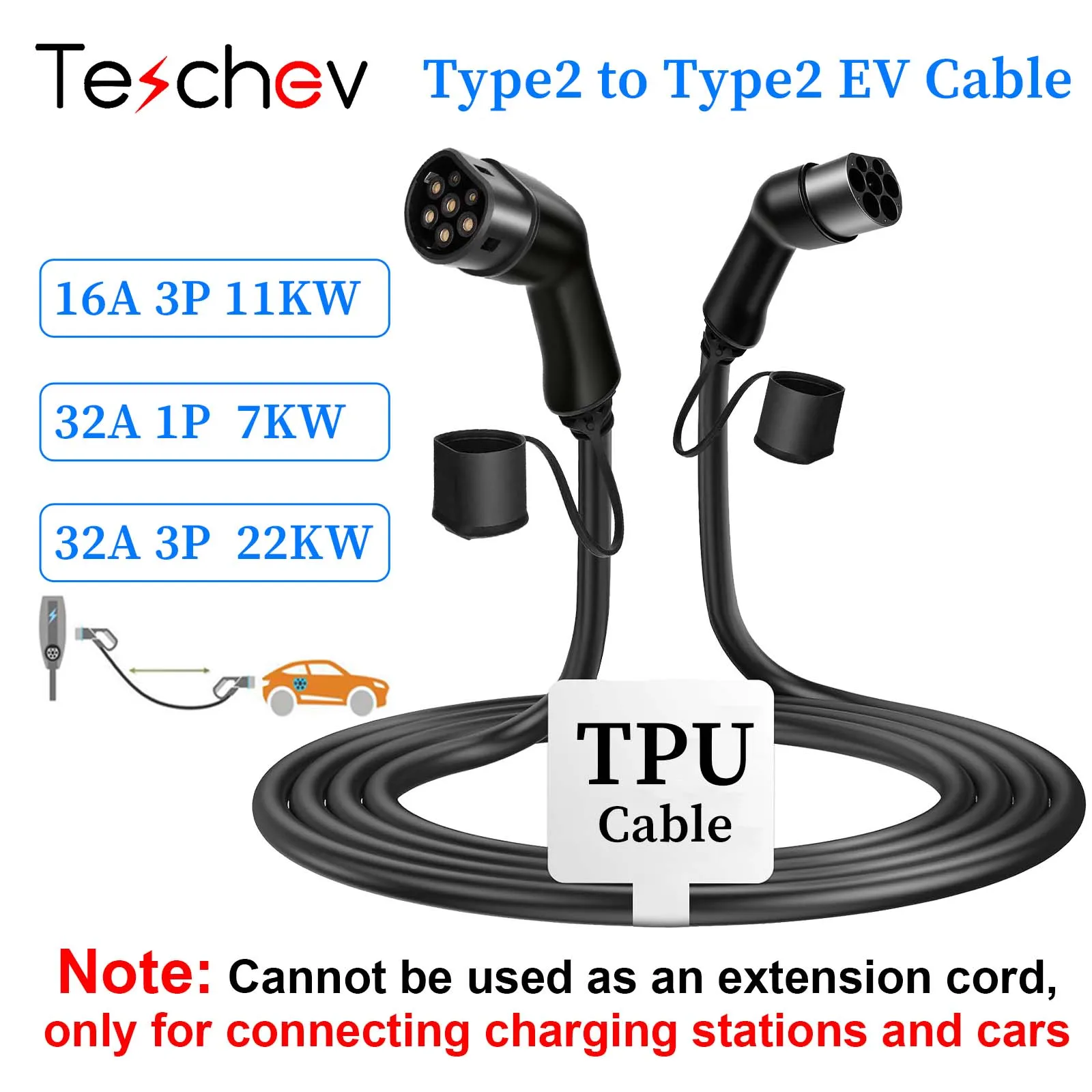 Teschev 16A/32A Typ 2 zu Typ 2 EV-Ladekabel Elektroauto-Ladegerät 1P/3P 7,2kW/11kW/22kW IEC 62196 EVSE-Kit EV-Kabel