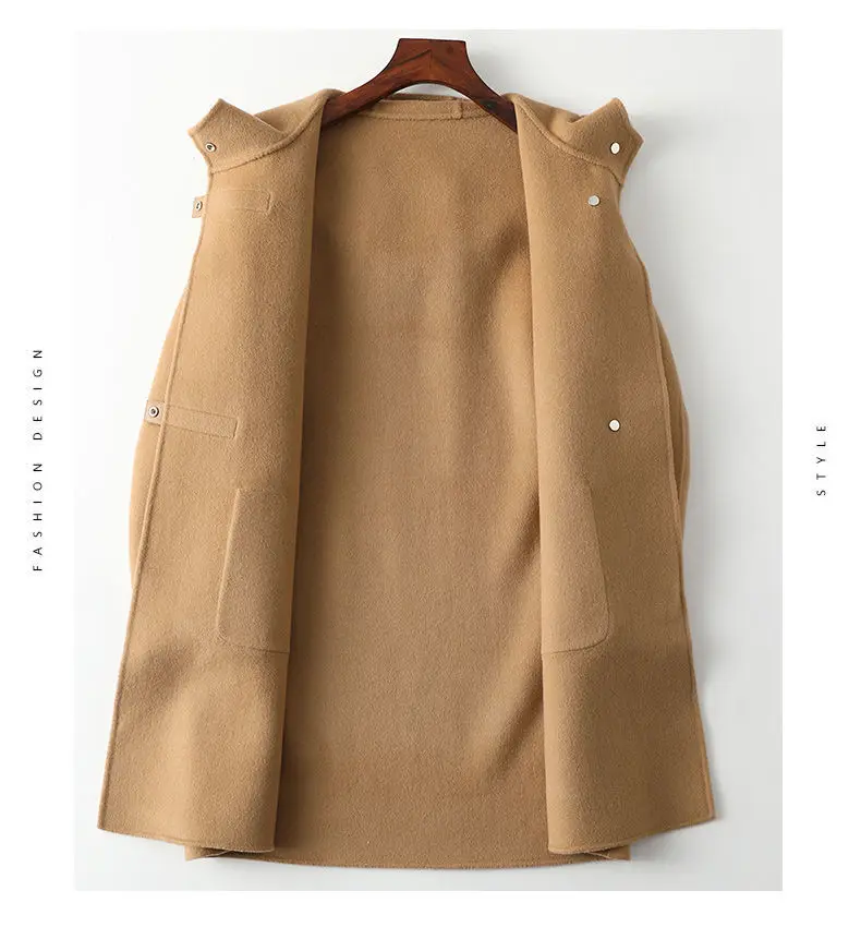 Neue Modische Doppelseitige POLYESTER-Jacke mit Kapuze für Damen Herbst Winter Doppelseitige Woll-Windjacke Eleganter Schlanker Wollmantel – Detail 3