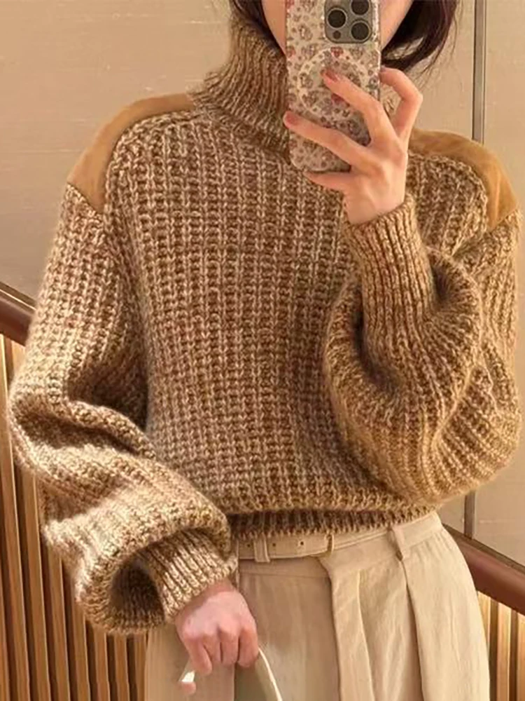 

2025 Women's Autumn and winter high-neck patchwork knitted sweater, loose and laid-back style sweater top