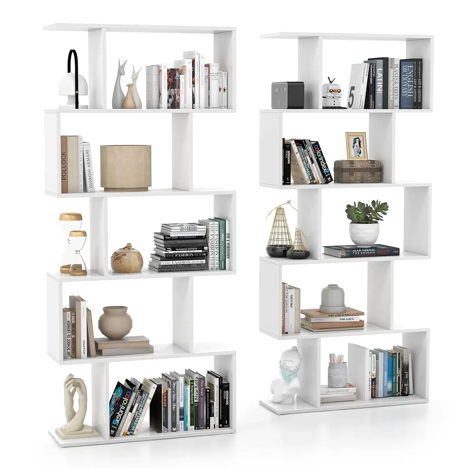 5-Tier S Shaped Bookshelf Anti-Toppling Freestanding Room Divider Wood Open Storage Shelf Living Room Office, Customized