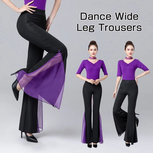 Imagen 2 del producto Pantalones elegantes de pierna ancha para mujer, pantalones acampanados elegantes, pantalones de danza del vientre de salón latino, traje de práctica de baile en barra