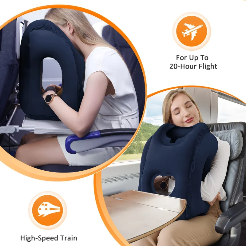 Almofada de Viagem Inflável para Avião com Suporte de Queixo 360°, Apoio Ergonômico Portátil para Cabeça para Voo, Trem, Carro e Escritório
