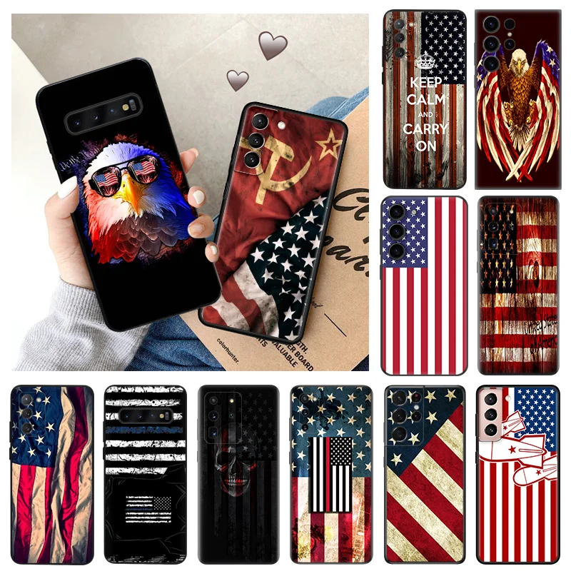 Soft Case for Samsung Galaxy S24 Plus S23 S22 S21 Ultra S20 fe S10 5G S10e Lite Eagle American Flag Black Phone Cases Cover