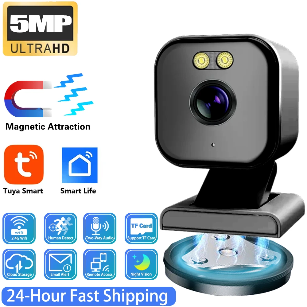 

Black Tuya Smartlife Home Mini Camera Night Vision Two-Way Audio Magnetic WiFi Human Alarm Built-in Siren for Home Cloud Storage