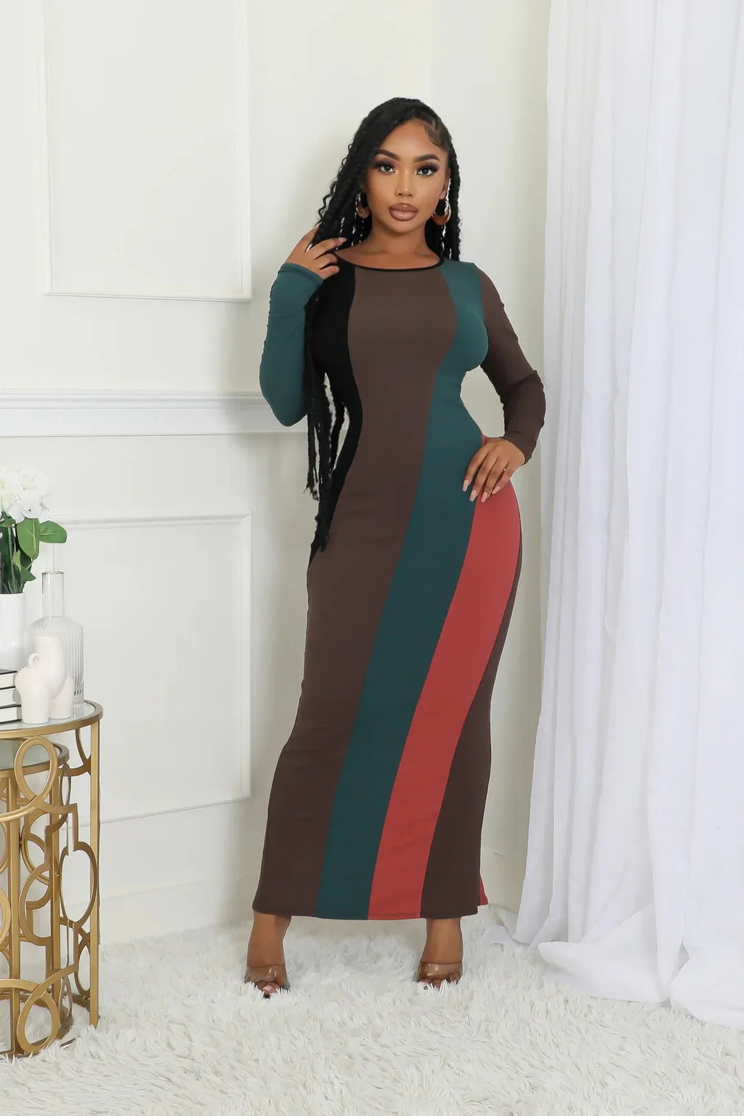 Y5263 European and American Women's Fashion Multi color Splicing Long Sleeve Pit Strip Casual Dress
