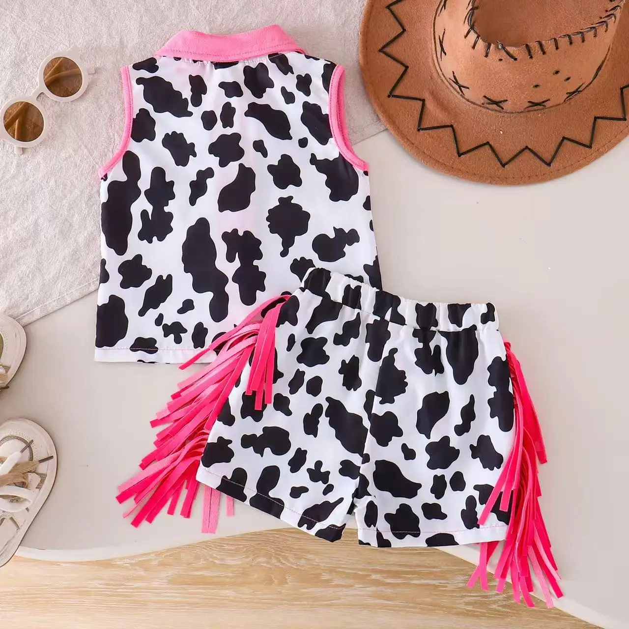 Hot Selling Girls Summer 2 Piece Set Cow Print Sleeveless Collared Tank Top + Fringe Shorts Trendy Kids Outfits for 6M-4Y