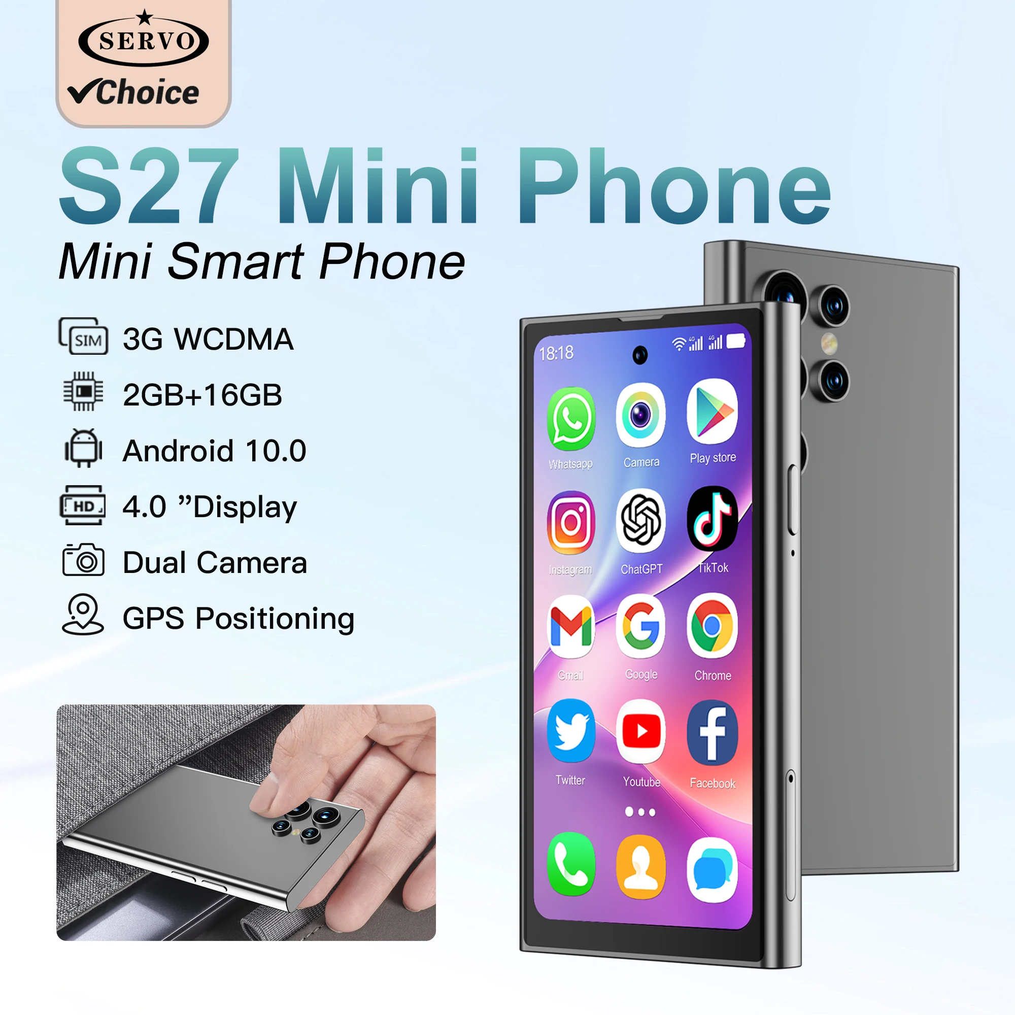 SERVO S27 3G Android Mini Smartphones Dual SIM Card 4.0''Display WIFI GPS Face Unlock Google Store Small Mobile Phone 2GB+16GB