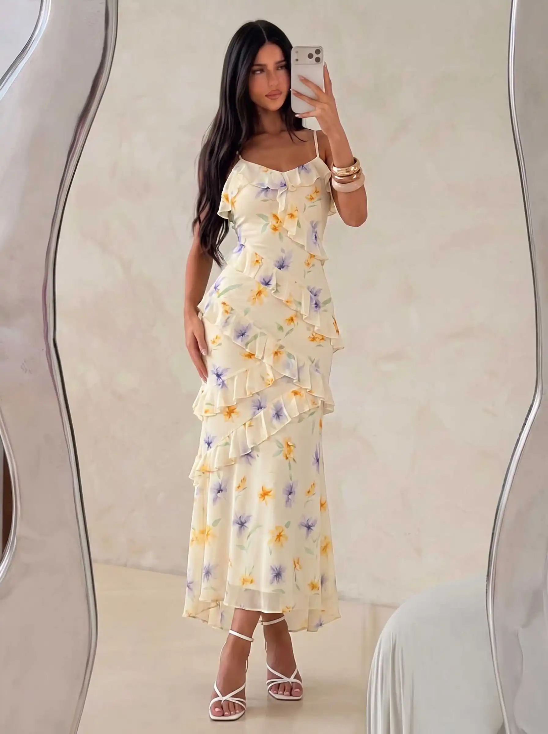 Damen Aquarell-Rosen-Print Cami-Kleid mit Rüschen, Chiffon-Midikleid, Spaghettiträger, fließendes Kleid für Urlaub, Strandparty, Ferien – Detail 23