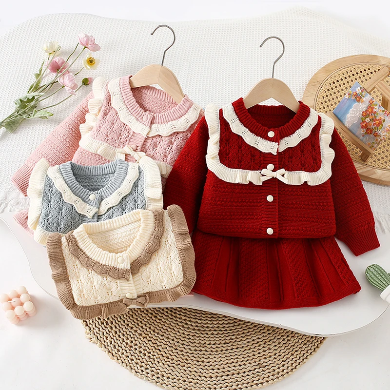 2025 New Autumn Children Knitted Clothes Suit Long Sleeved Knitted Cardigan Coat+Short Skirt 2-6Yrs Baby Girls Clothing Set