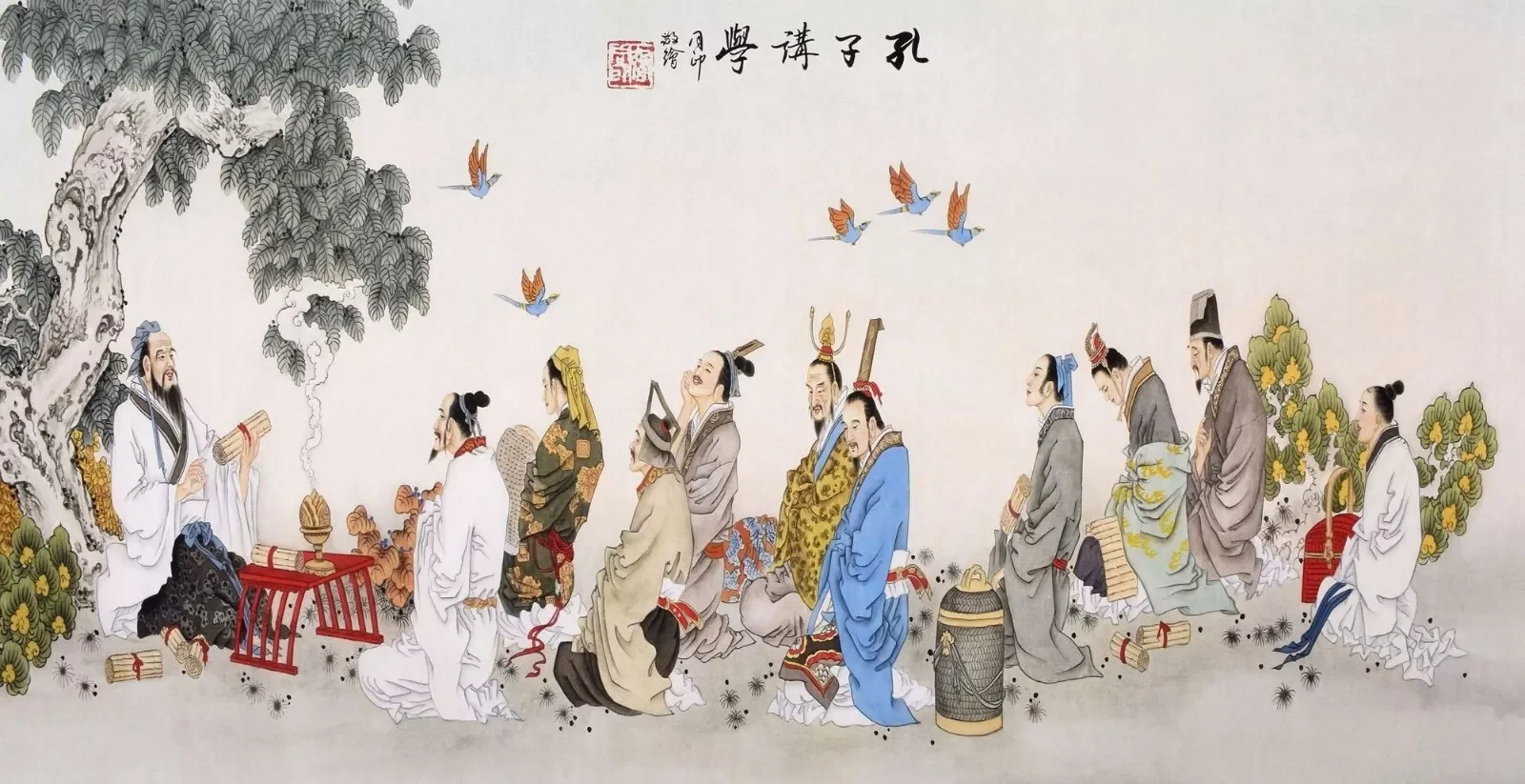 ORIGINAL ASIAN ART CHINESE FIGURE PAINTING Confucius&Students Art Picture Print Silk Poster Living Room Decor Home Wall
