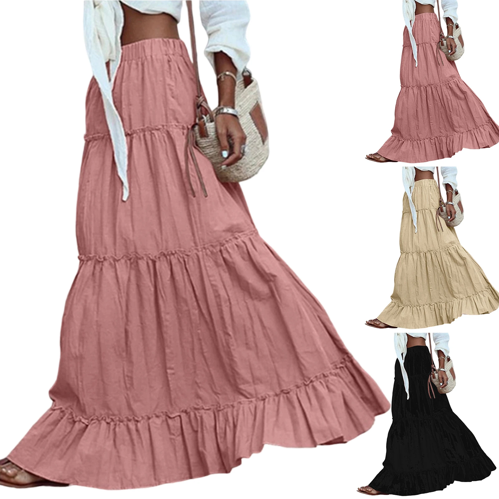 

Women's Fashion Skirt Solid Color Loose A-line Casual Long Tiered Skirt Elastic Waist Holiday Streetwear Maxi Skirt For Women