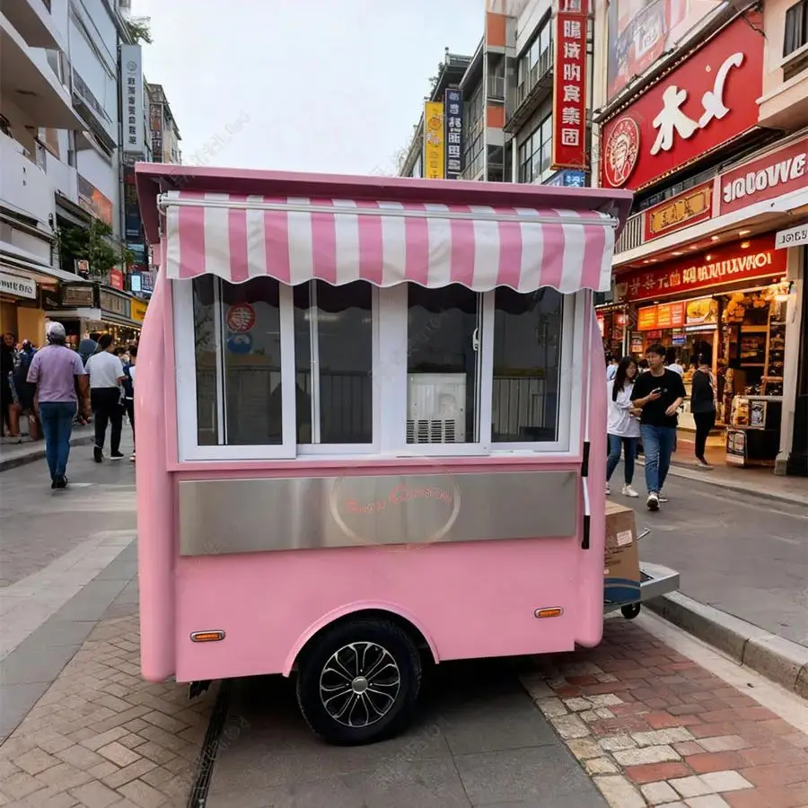 Pink Main Body Outdoor Food Trailer High Visibility Mobile Kitchen with Pink-and-White Striped Awnings Attention-Grabbing Design