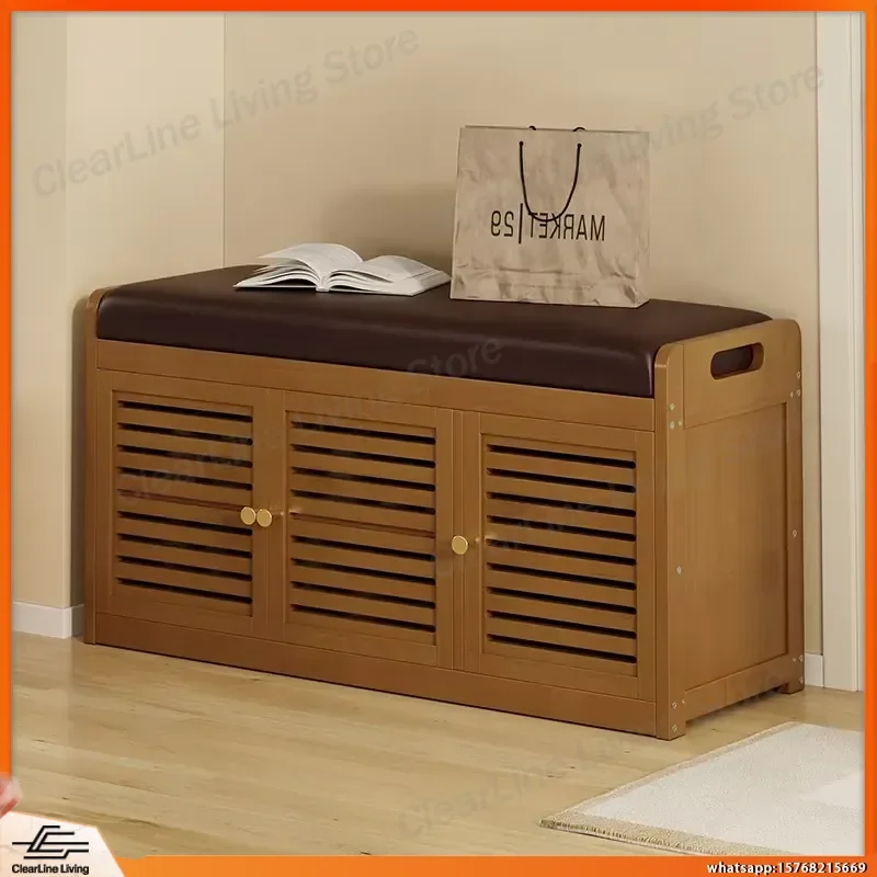 Padded Shoe Stool with Door Multi-Functional Shoe Cabinet Integrated Stool and Storage Rack for Home Entryway Hallway Living