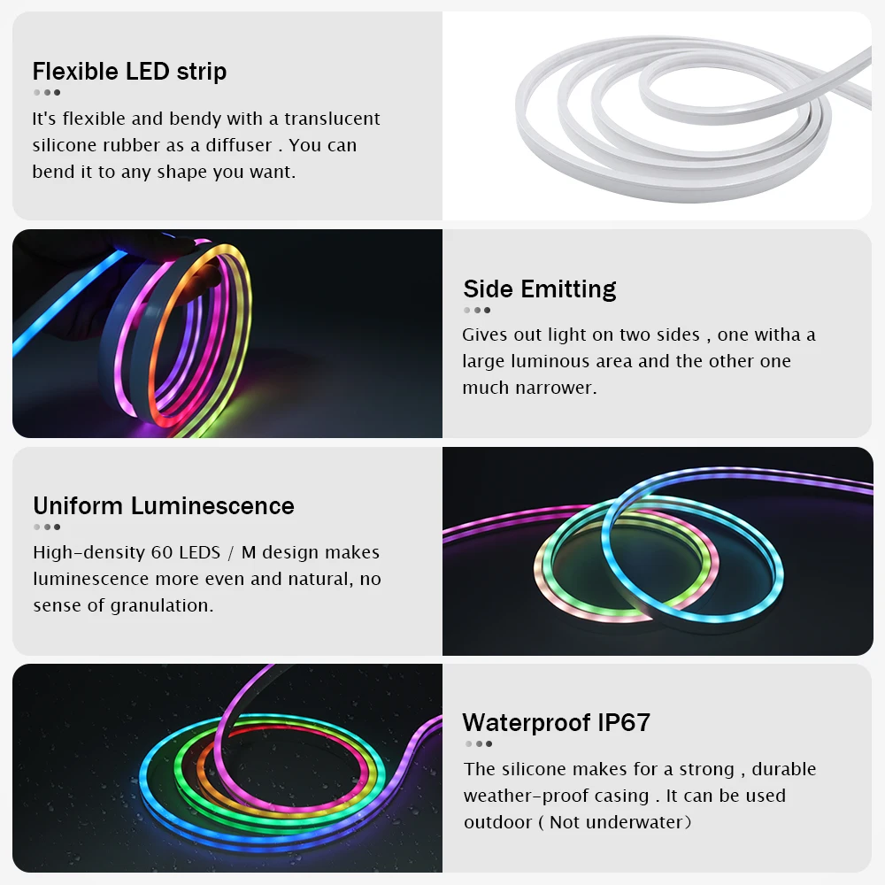 5V WS2812B Neon LED Light Strip Sign 60Leds/m RGBIC Individually Addressable Pixel Ribbon Tape Rope Lamp USB EU US UK AU Power