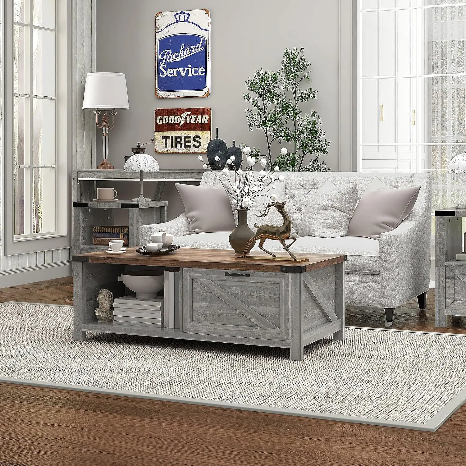 Farmhouse Coffee Table with Storage Drawer, Distressed Gray, Customized