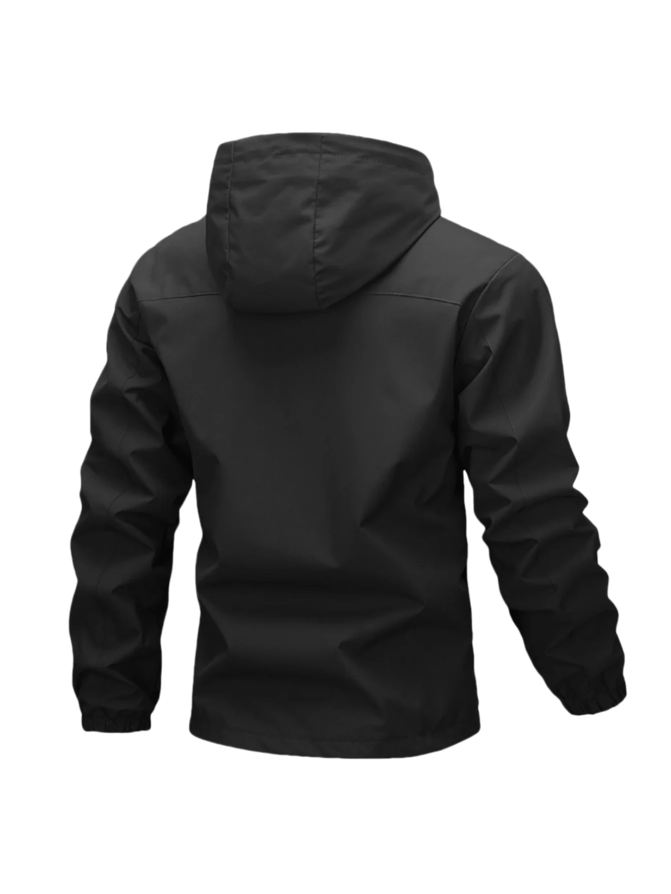 Men Black Waterproof Hooded Rain Jacket Adjustable Hood Zipper Pockets Windproof Outdoor Hiking Sports Casual Windbreaker Coat