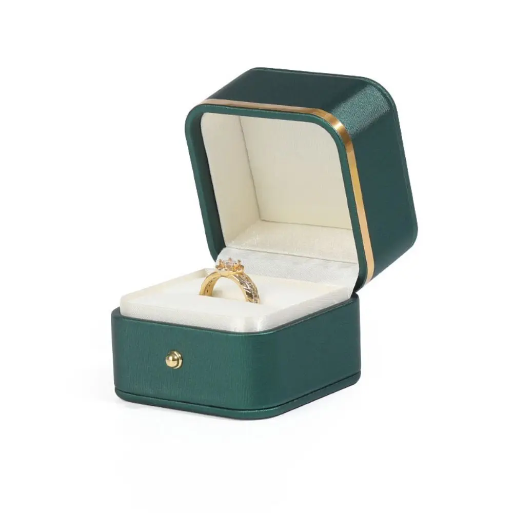 Portable PU Leather Square Ring Box Elegant Gold Trim Ring Display Boxes Velvet Interior Ring Storage Case Engagement