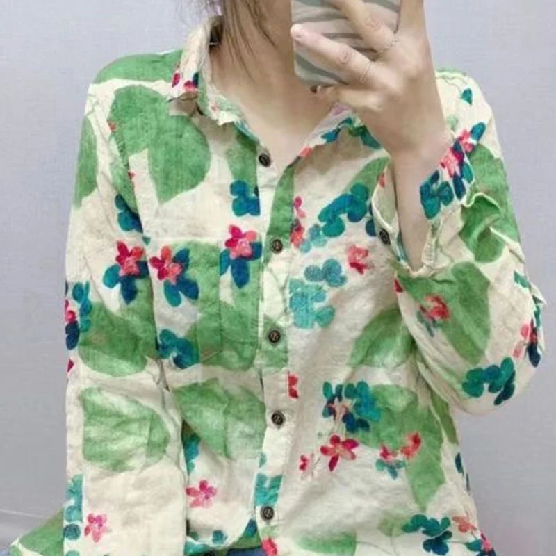 Spring Autumn New Turn-down Collar Long Sleeve Fashion Shirt Women High Street Cotton Hemp Button Cardigan Vintage Elegant Tops