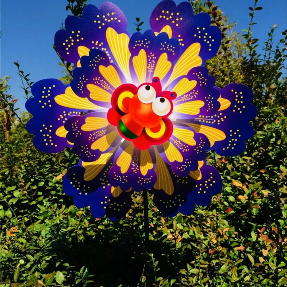 Multiestilos dos desenhos animados colorido tradicional moinho de vento colorido borboleta abelhas libélula em pé gramado flor catavento dupla camada
