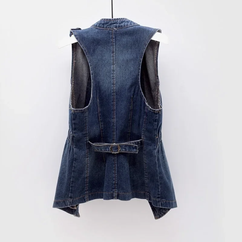 خمر الأزرق الأسود سترة جينز المرأة سترة صدرية ضئيلة قصيرة كاوبوي جاكيت بلا إكمام معطف الوقوف طوق الجينز سترة الإناث