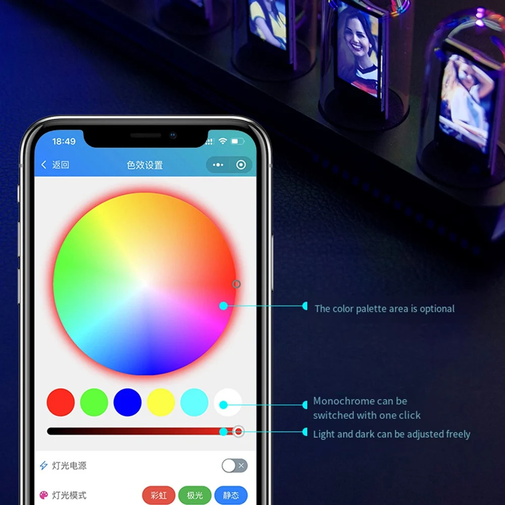 USB Powered RGB Nixie Tube Clock with IPS Color Screen, Corded Electric Aluminum Oval Alarm Clock with Charging Port