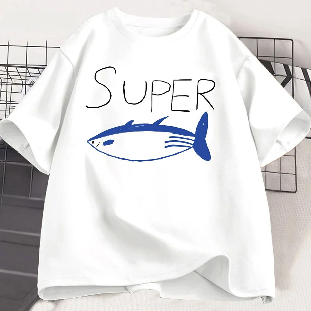 Family Matching T‑Shirt Super Hand‑Drawn Tuna Fish Front Print Cute Simple Cartoon Slogan Graphic Casual Street Short Sleeve Tee