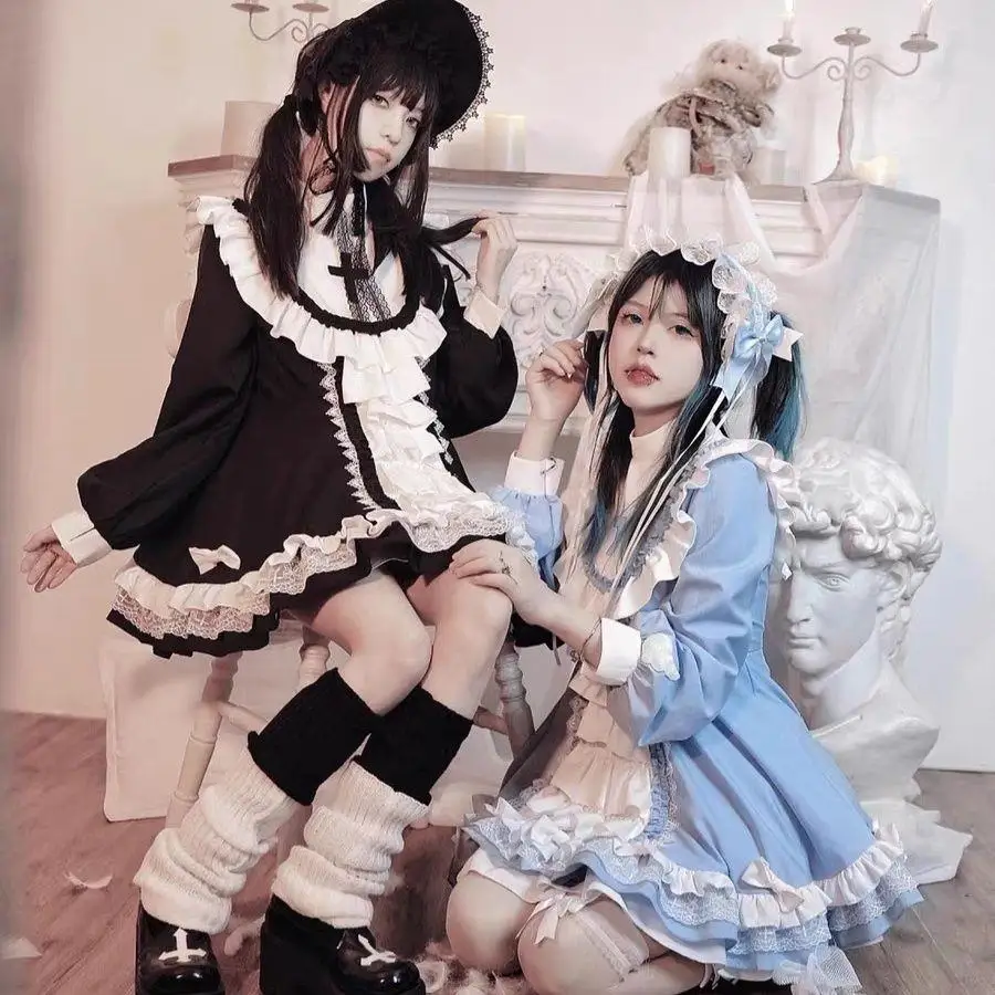 Japanese Gothic Lolita OP Dress Women Victorian Cross Embroidery Ruffles Cosplay Witch Maid Dresses Girls Sweet Party Dresses