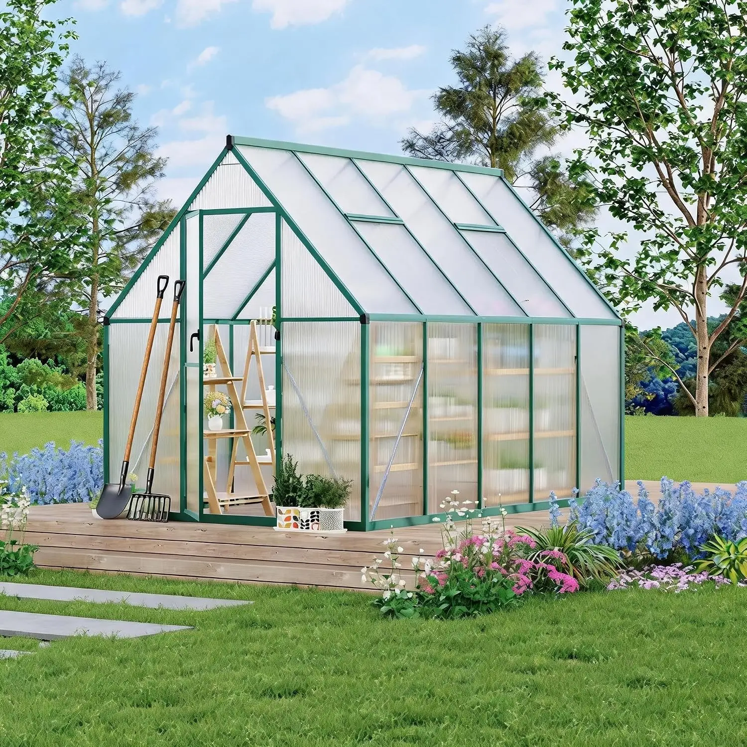 8x12 FT Greenhouse for Outdoors, Polycarbonate Greenhouse with Roof Vent,Lockable Door, Aluminum Walk-in Green, Customized