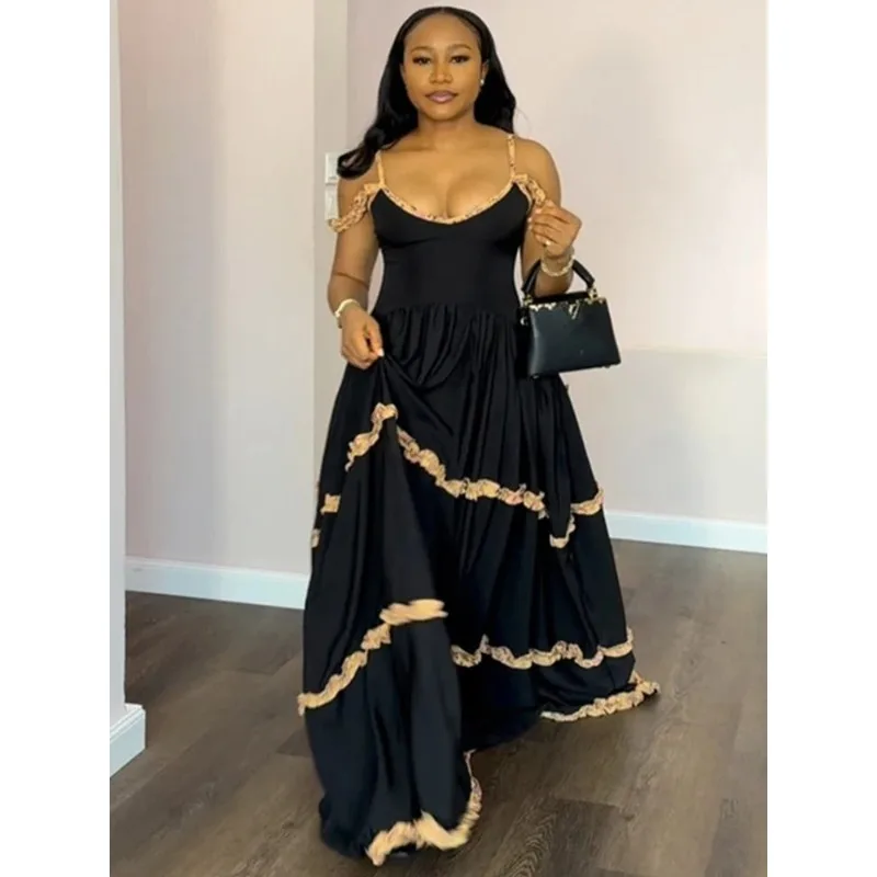 

Летнее платье женское с цветочным принтом и v-образным вырезом сексуальное платье на тонких бретелях шикарное элегантное женское длинное свободное черное платье