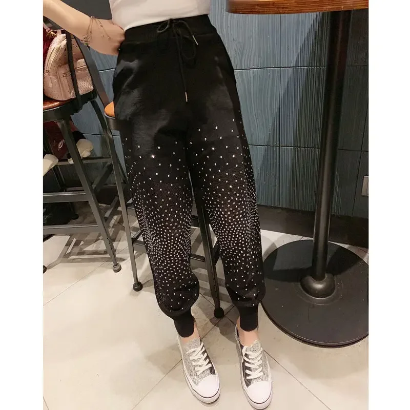 Calça harém de cintura alta feminina, strass quente, casual, solta, primavera, verão, outono, novo, 2021