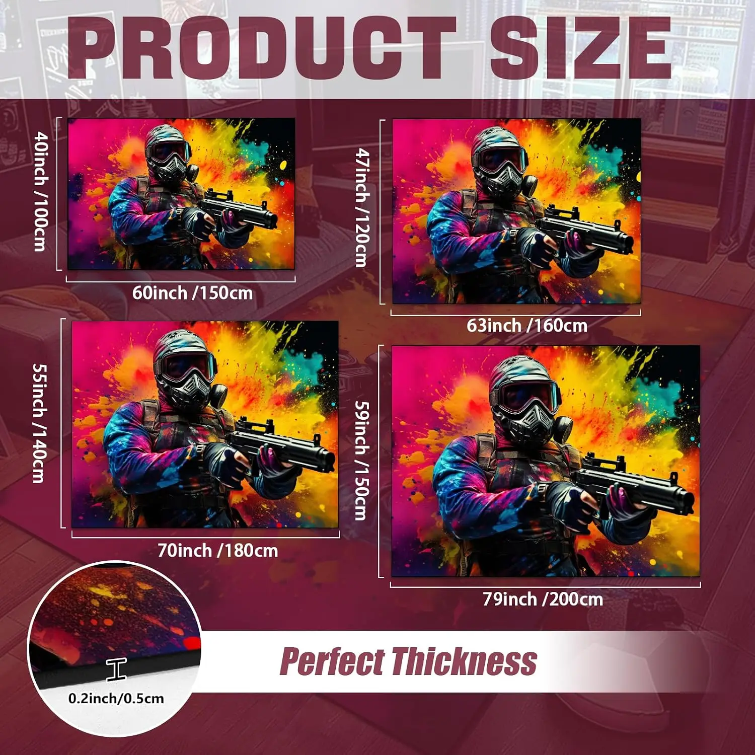 Color Splash Shooter Soldier Rug, Tactical Gamer Character Print, Non-Slip Washable Soft Mat for Living Room Sofa Dining Room