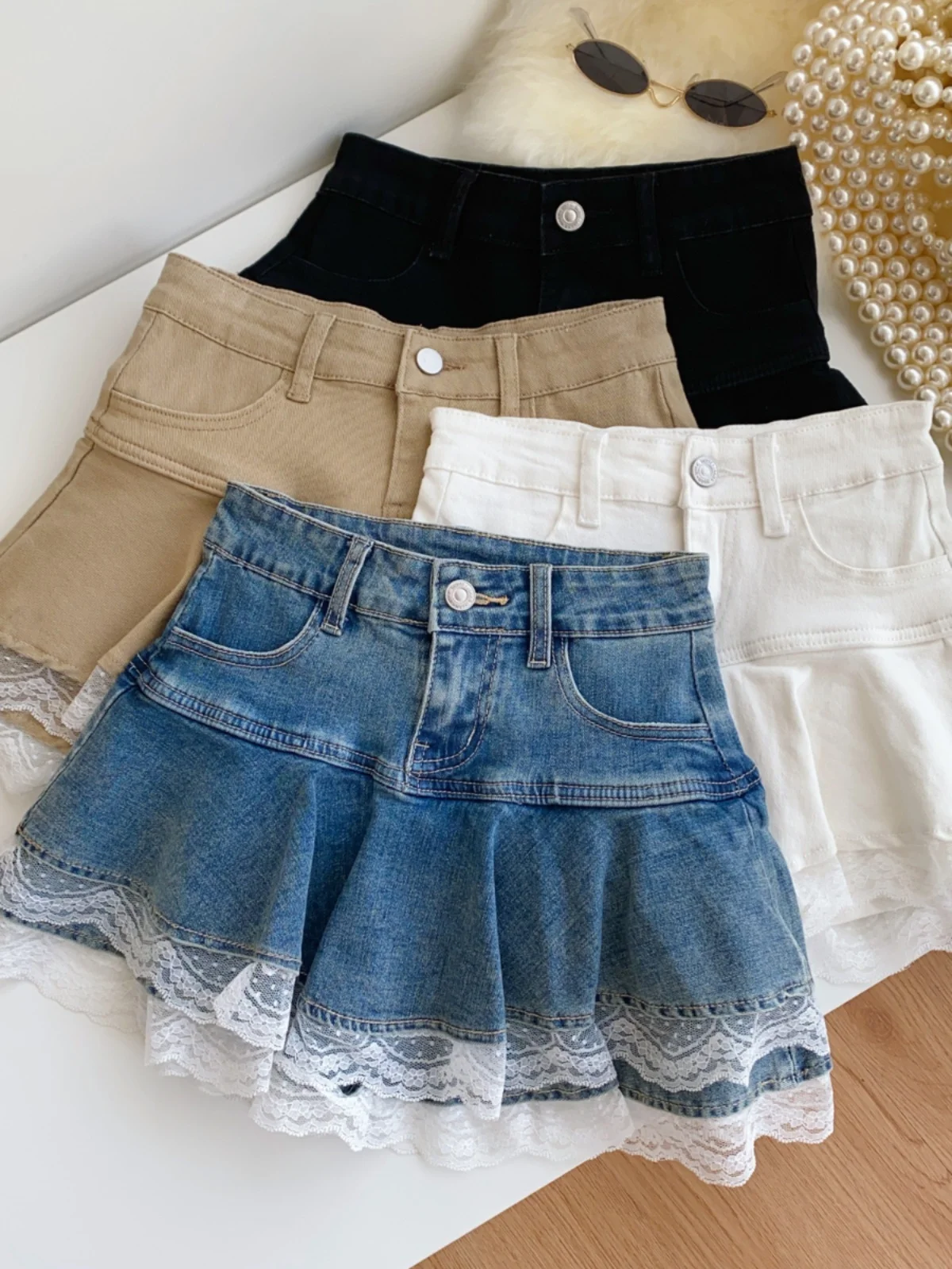 تنورة قصيرة من الدنيم النسائي بخصر مرتفع على الطراز الأمريكي، مزينة بالدانتيل، ضيقة من الخلف، تنورة نصف الجسم، تنورة على الطر... #3