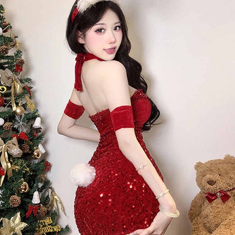 maveraCC88 Chaveiro de coelho fofo dia dos namorados sexy brilhante vermelho veludo erótico bodysuit vestido coelho menina cos uniforme conjuntos de natal