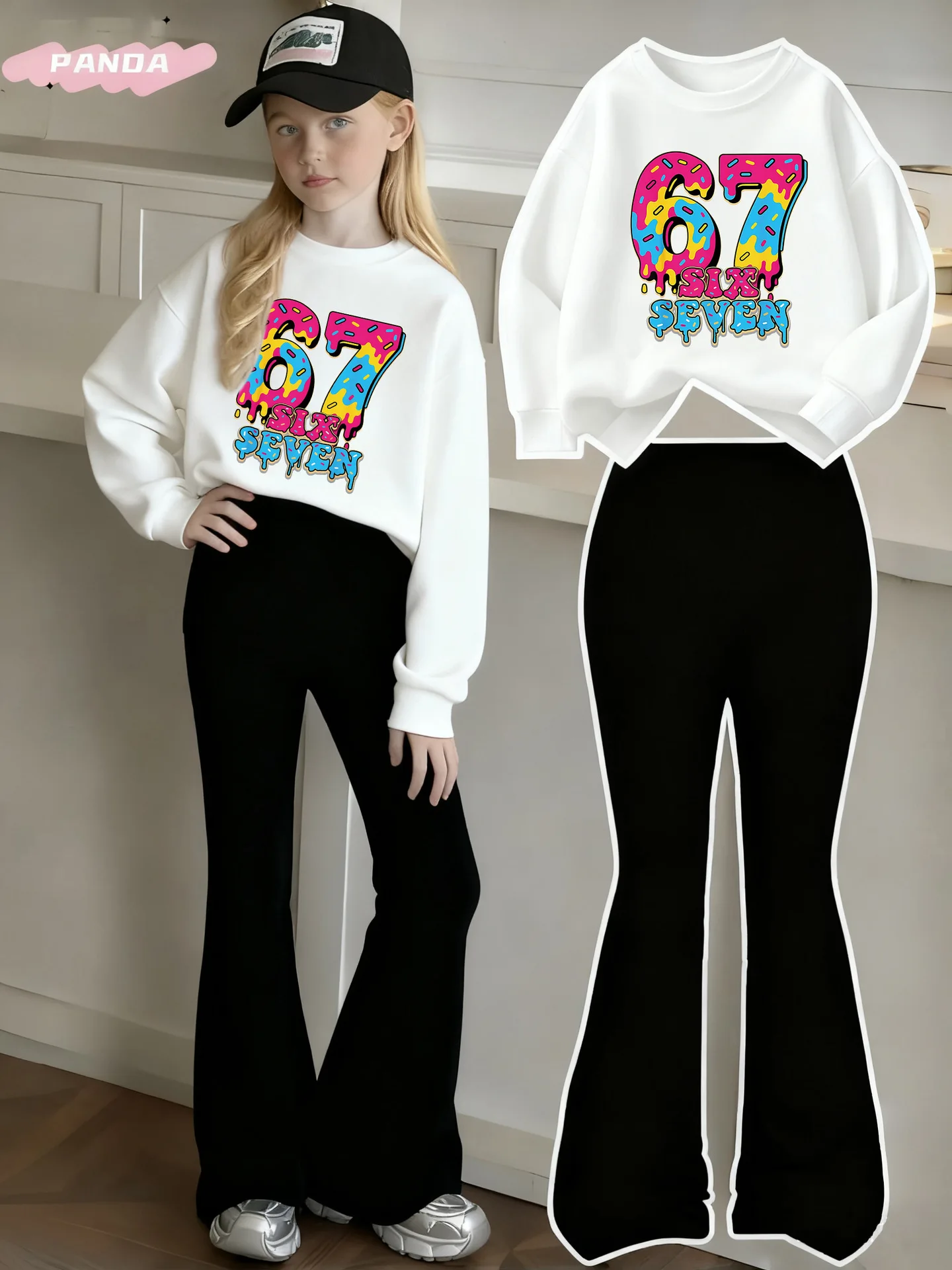 Ins Children's Clothing Girls' 2-Piece Set & Girls' Printed Long-Sleeved Sweatshirt + Bell-Bottom Pants 67 Numbers + English Letter Print Set Black + White Rose Red Black Pullover Sweatshirt Set