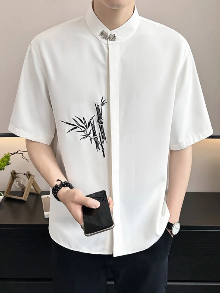 

Мужская футболка из ледяного шелка с коротким рукавом, премиум-класса, летняя новинка, в китайском стиле, с вышивкой бамбуком