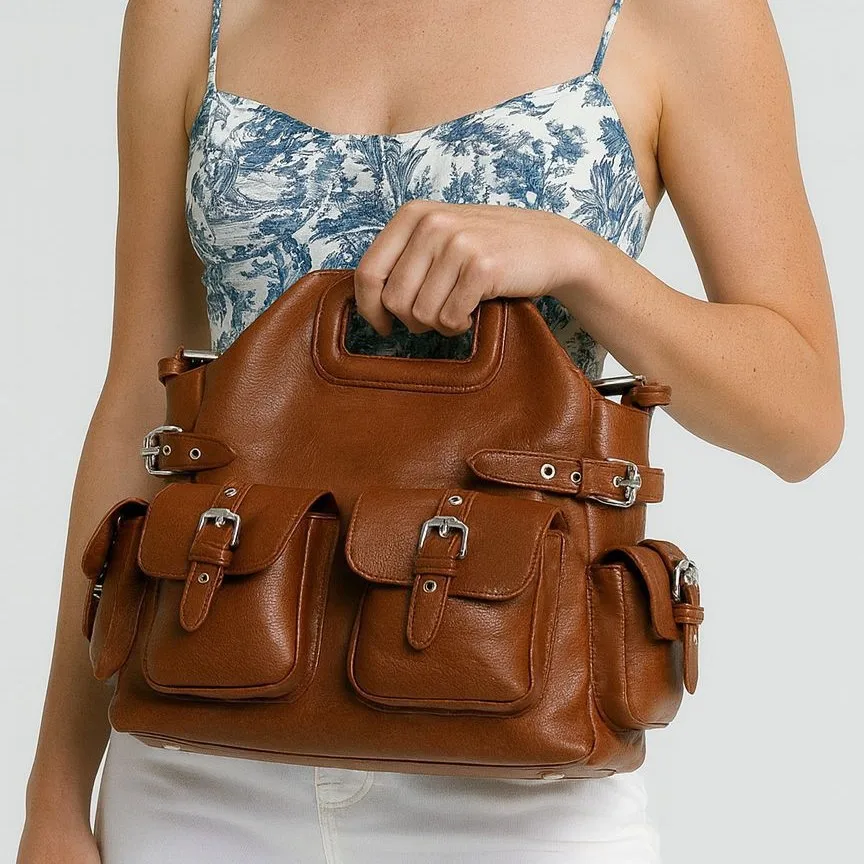 

Couples Retro Multi Pocket Tote Bag 2026 New Adult Workwear Style Handbag Spicy Punk Single Shoulder Bag Square Commuting Bag