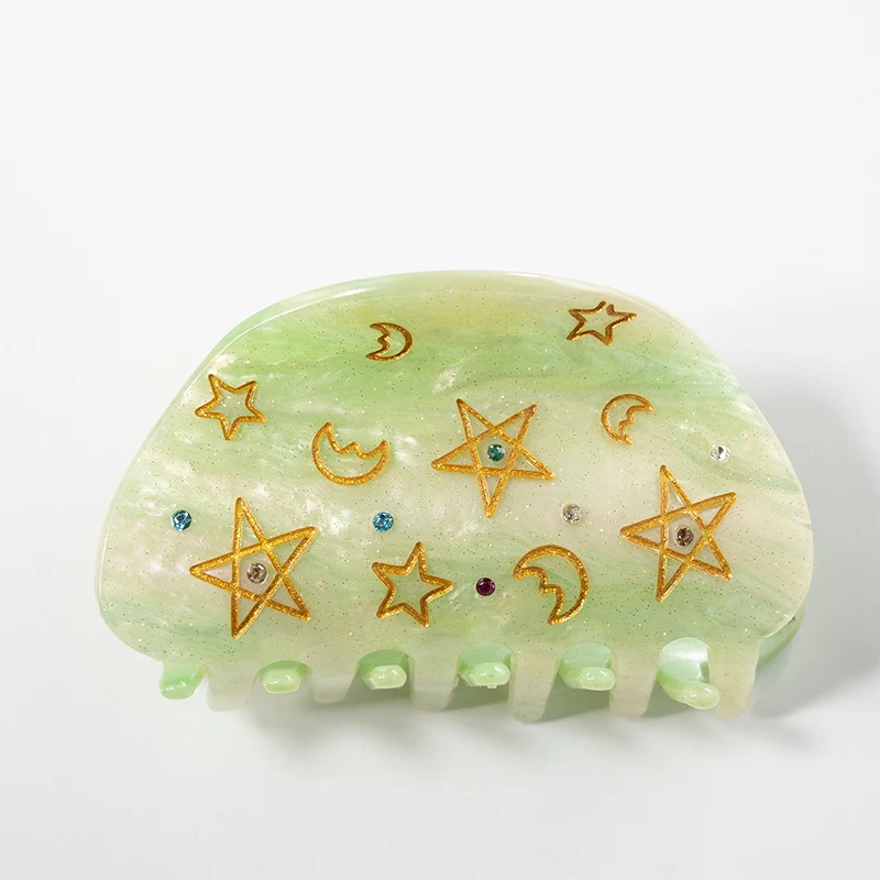 Moon five-pointed star hair clip with gold thread and colorful decorations; new diamond product; acrylic green powder hair clip view 6