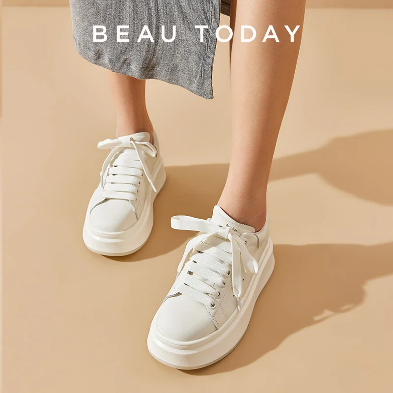 BEAUTODAY White Sneakers Women Genuine Cow Leather Solid Color Lace-up Thick Sole Spring Ladies Casual Shoes Handmade 29746 image 2