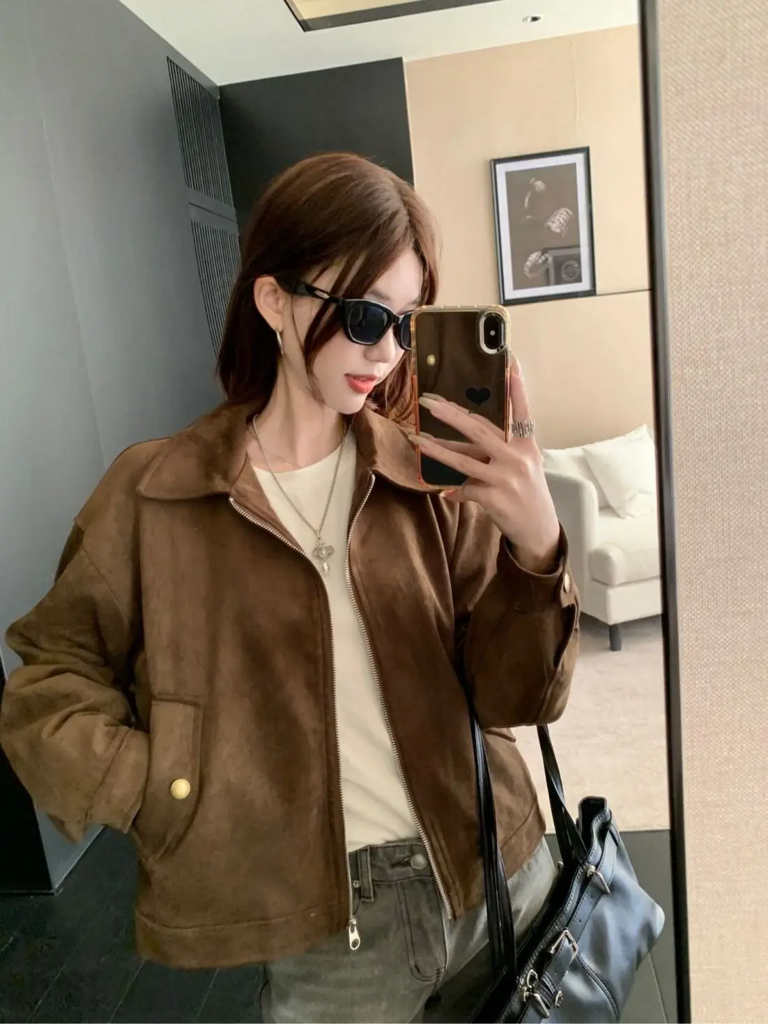 معطف نسائي من جلد الغزال الأمريكي من American Sle معطف خارجي للخريف والشتاء ملابس خارجية رائعة وسترة من الجلد