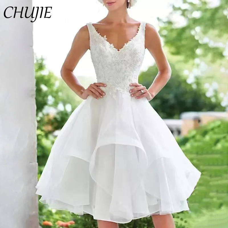 

White Lace Appliques Wedding Dresses For Women Short Gusest Gress Tulle Bridal Gowns Customized Bride Dress Vestido de novia