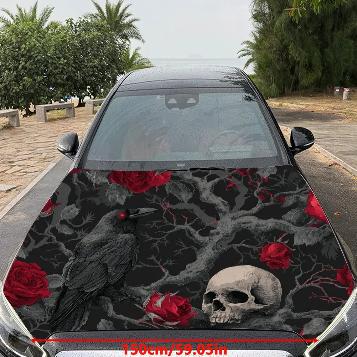 Car Decals Skull with Red Roses and Ravens Car Hood Sticker, Waterproof Self - Adhesive Vinyl Graphics Decals, Decorative Protec