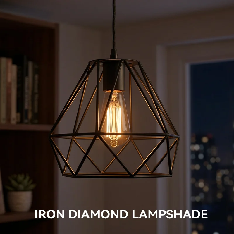 Diamond Metal Wire Cage Lampshade Industrial Pendant Wall Lamp Cover Farmhouse Kitchen Cafe Decor Only Lampshade No Bulb Cord