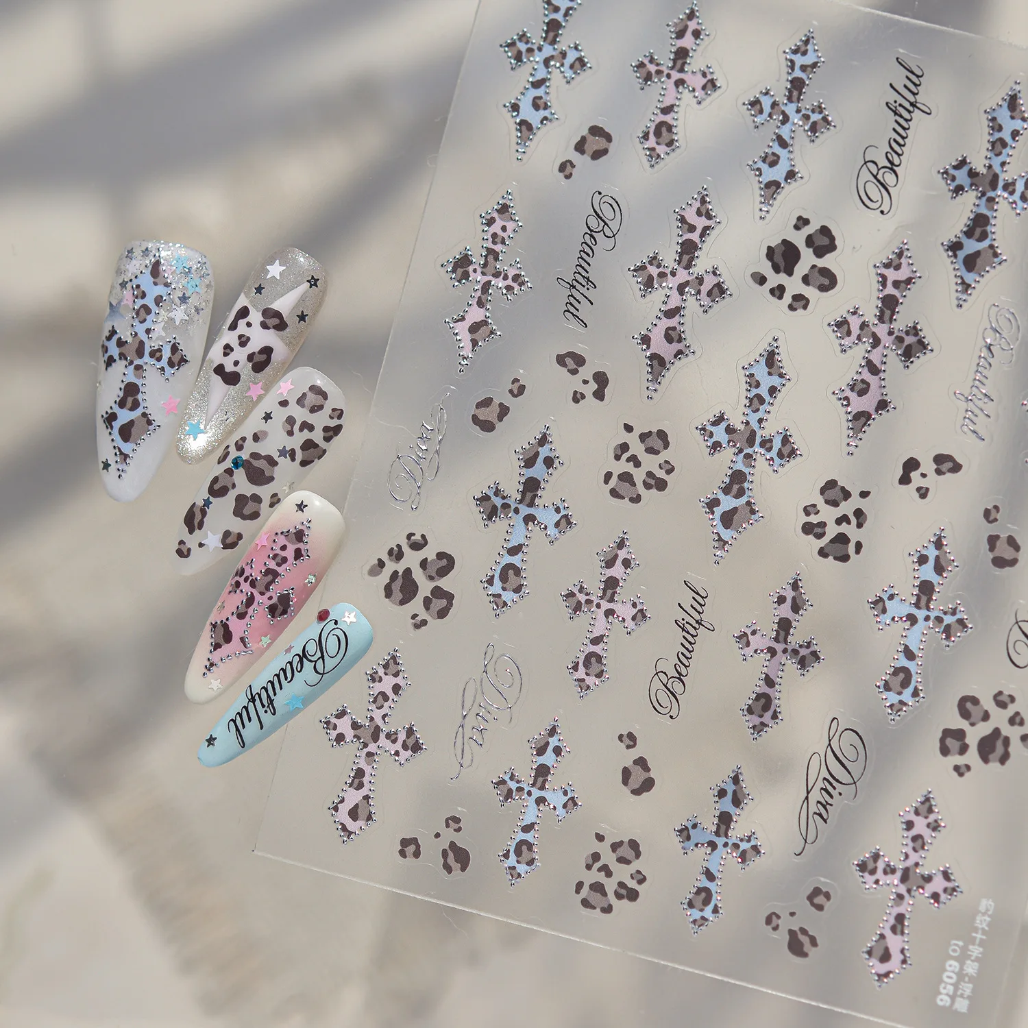 Retro Punk Gothic Gradient Pink Blue Leopard Print Classic Cross Leopard Spots 5D Nail Stickers Self Adhesive Manicure Decals