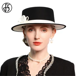 Women's Black/White Flat Top Wool Felt Fedora Hat with Flower Faux Pearl Detail Winter Dress Cap Stylish French Millinery