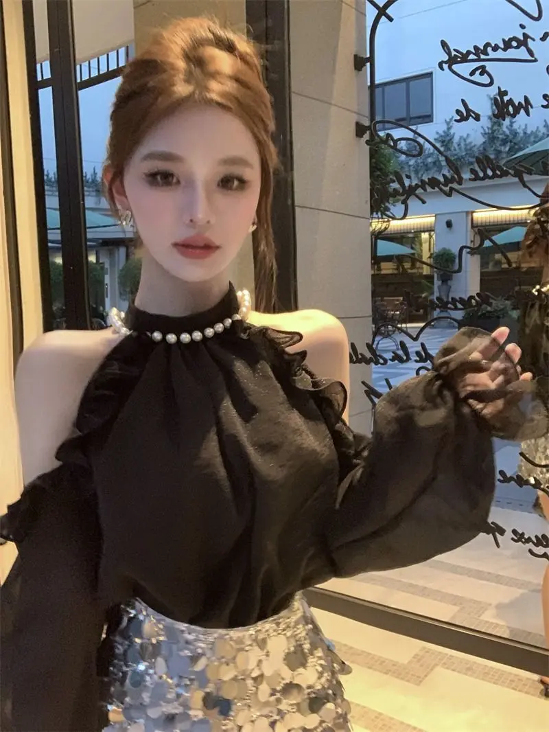 Korean Version Casual Outerwear Feminine Style Off Shoulder Chiffon Shirt Niche Spicy Girl Loose and Versatile Top