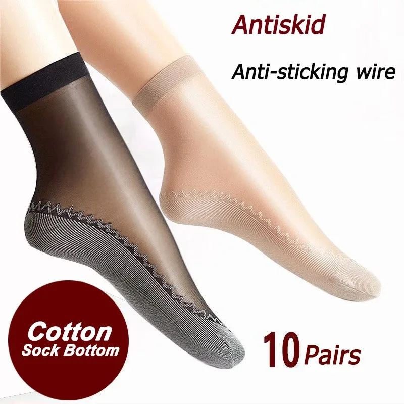 1/10pairs Silk Velvet Ankle Short Sox Elastic Lace Socks Women Transparent Ultrathin Female Mesh Non-Slip Bottom Splice Sock