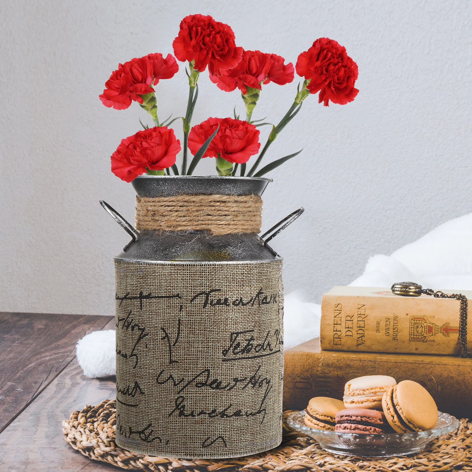 

Burlap Tin Bucket Decorative Flower Arrangement European Style Vintage Garden Balcony Home Office Pastoral