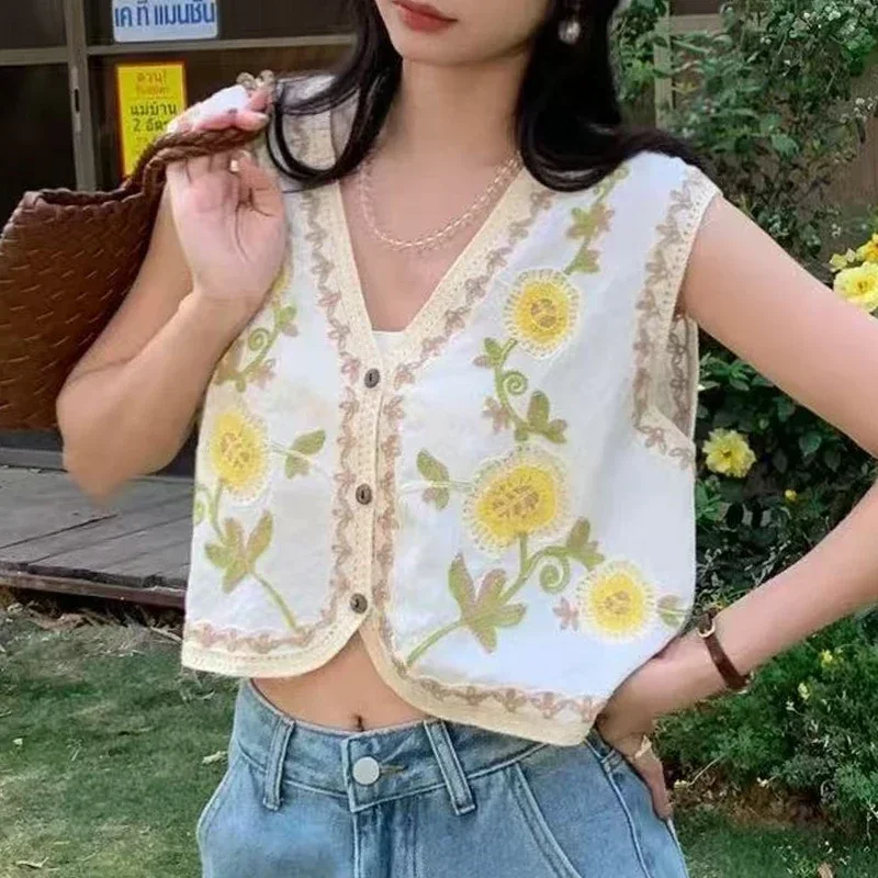 Floral Embroidery Vest Jacket Button Front Open-work Knit Waistcoat Sleeveless Blouse Women Summer Boho Beach Festival